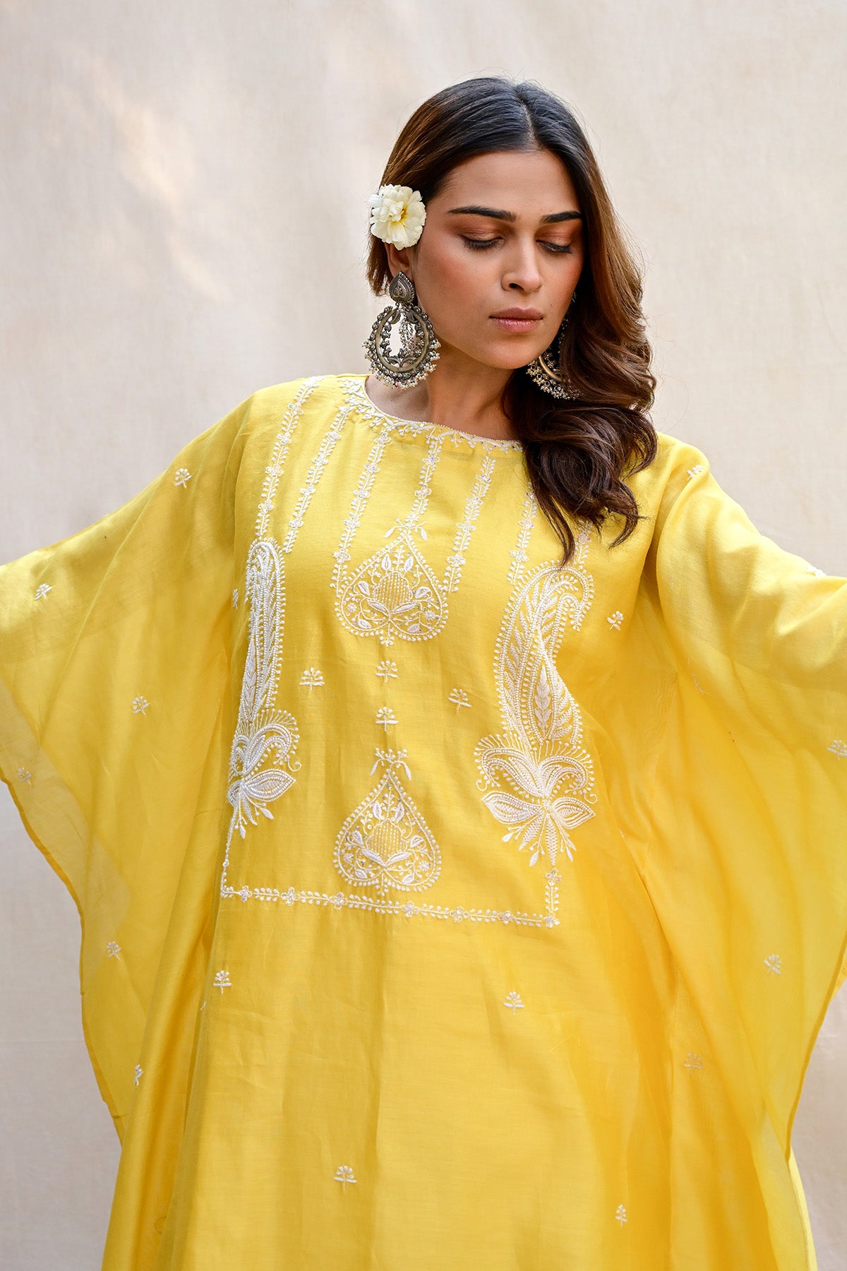 Lemon Yellow Chanderi Chikankari Kaftan