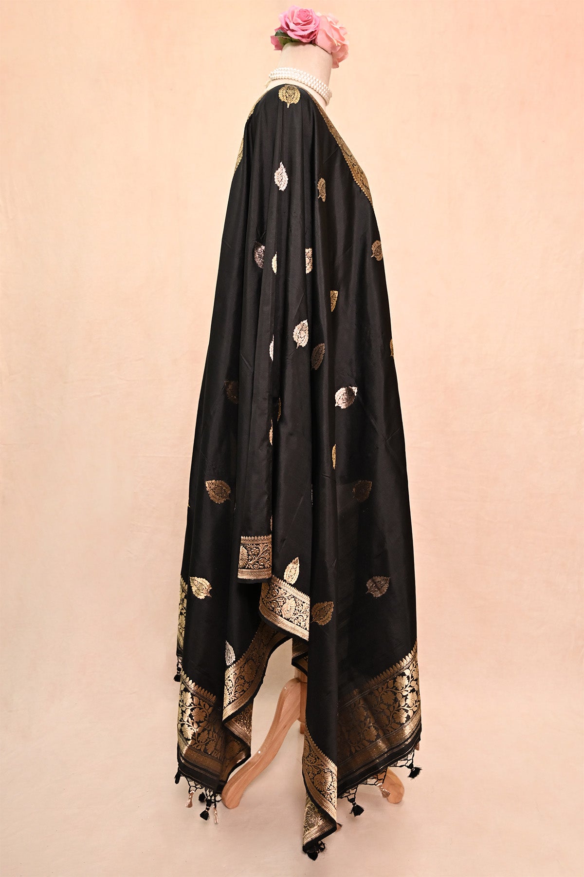 Black Katan Silk Banarasi Dupatta with Floral Border