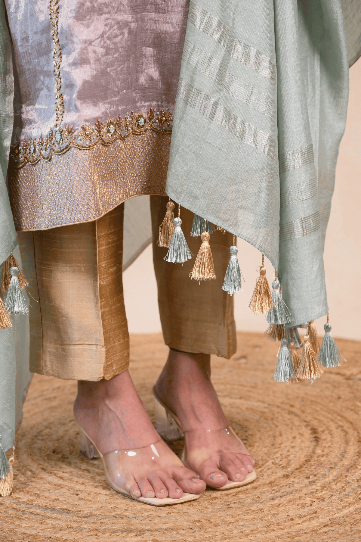 Lavender Grey Tissue Silk Zardozi Suit