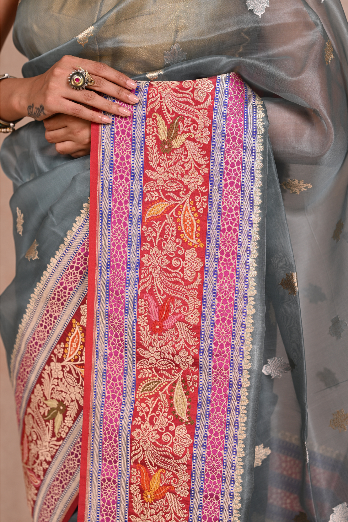 Banarasi Kora Silk Saree with Satin Border & Resham-Zari Work