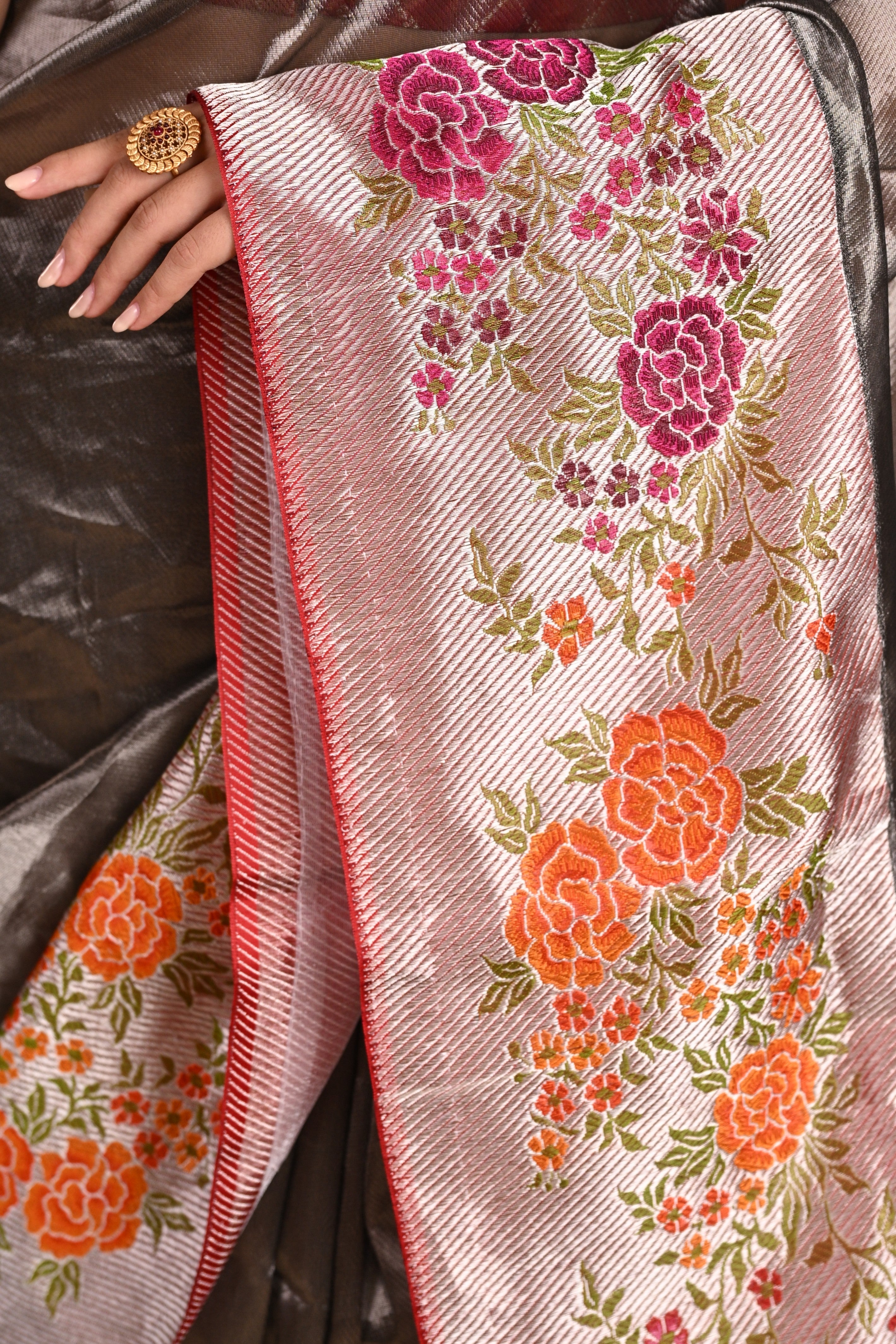 Metallic Grey Tissue Kora Silk Banarasi Saree