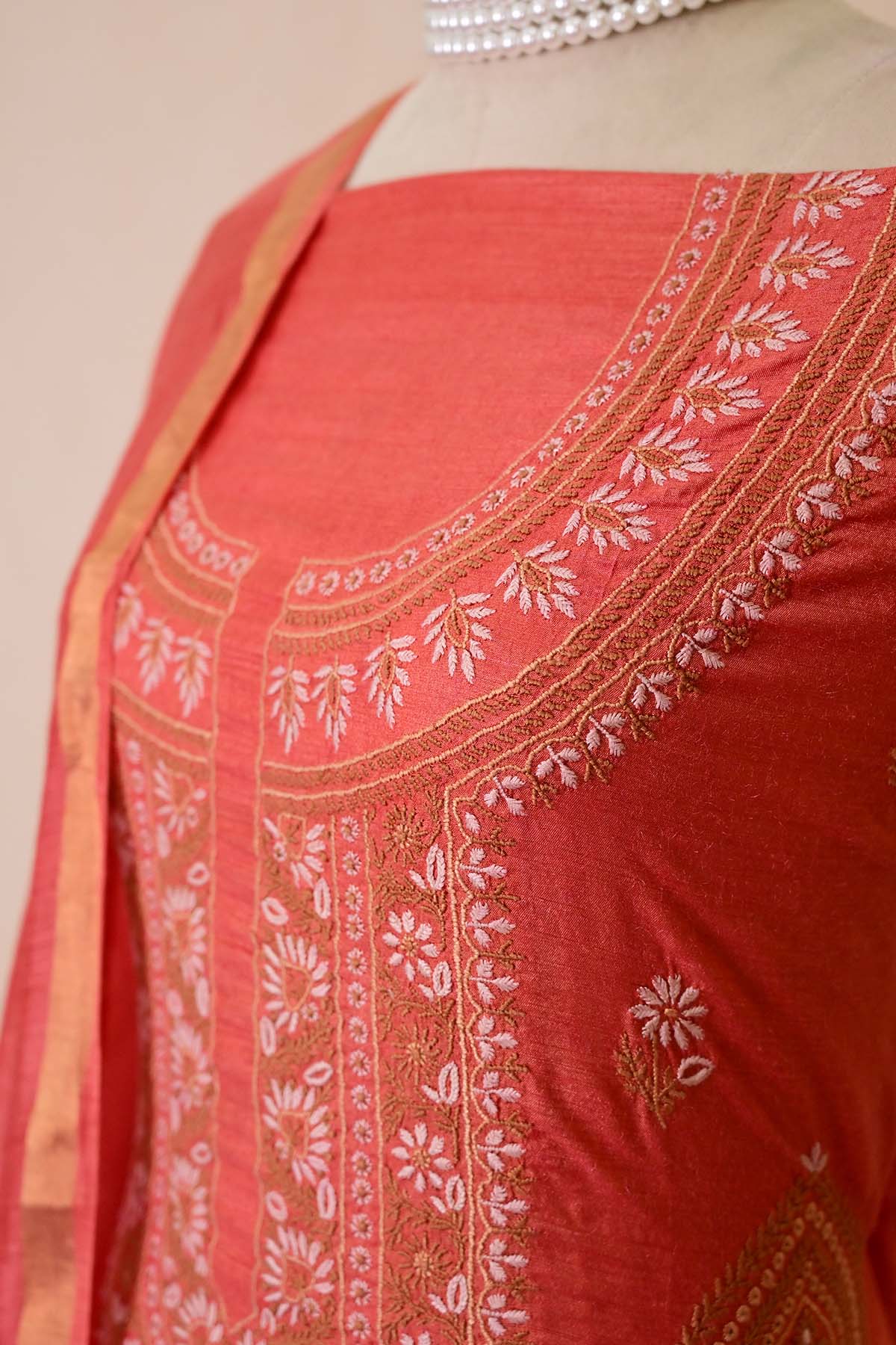 Coral Red Moonga Silk Chikankari Suit