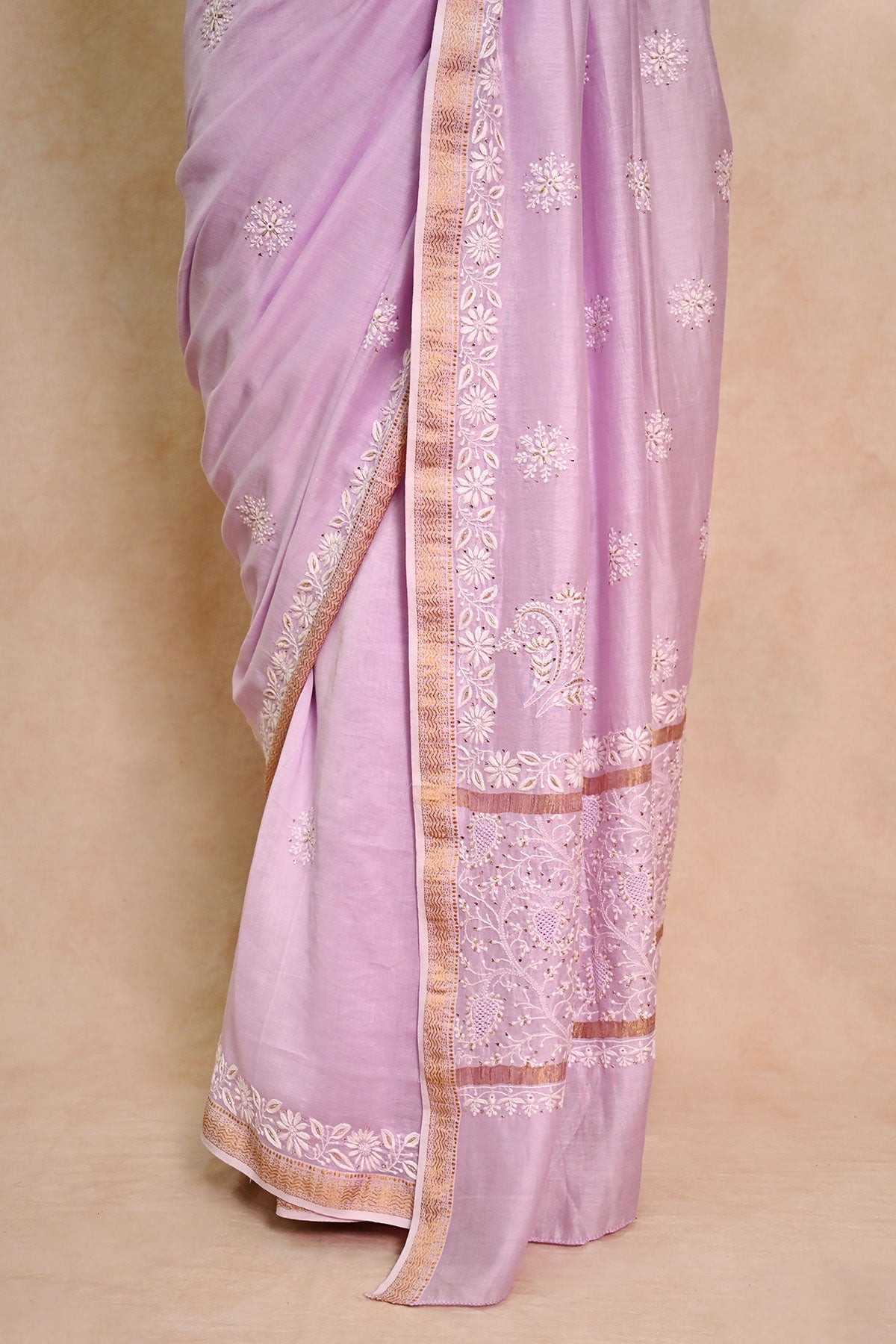 Lavender Chanderi Chikankari Saree with Zari Border