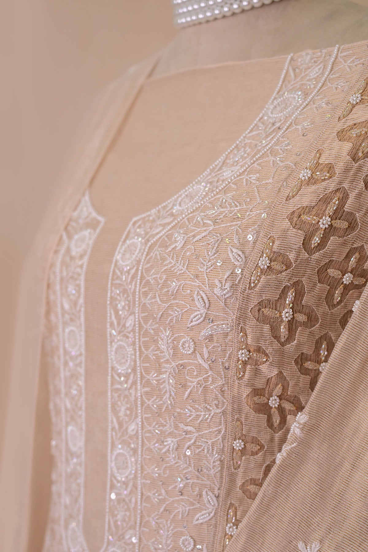 Beige Tissue Chanderi Chikankari Anarkali
