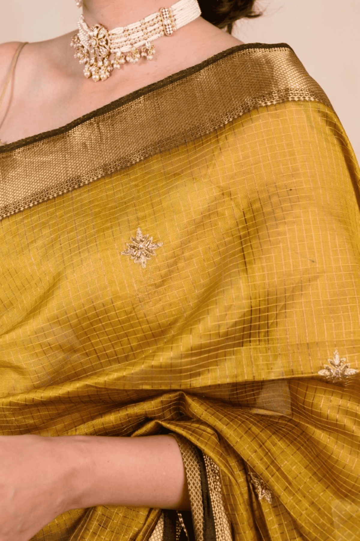 Warm Ochre Maheshwari Silk Zardozi Saree