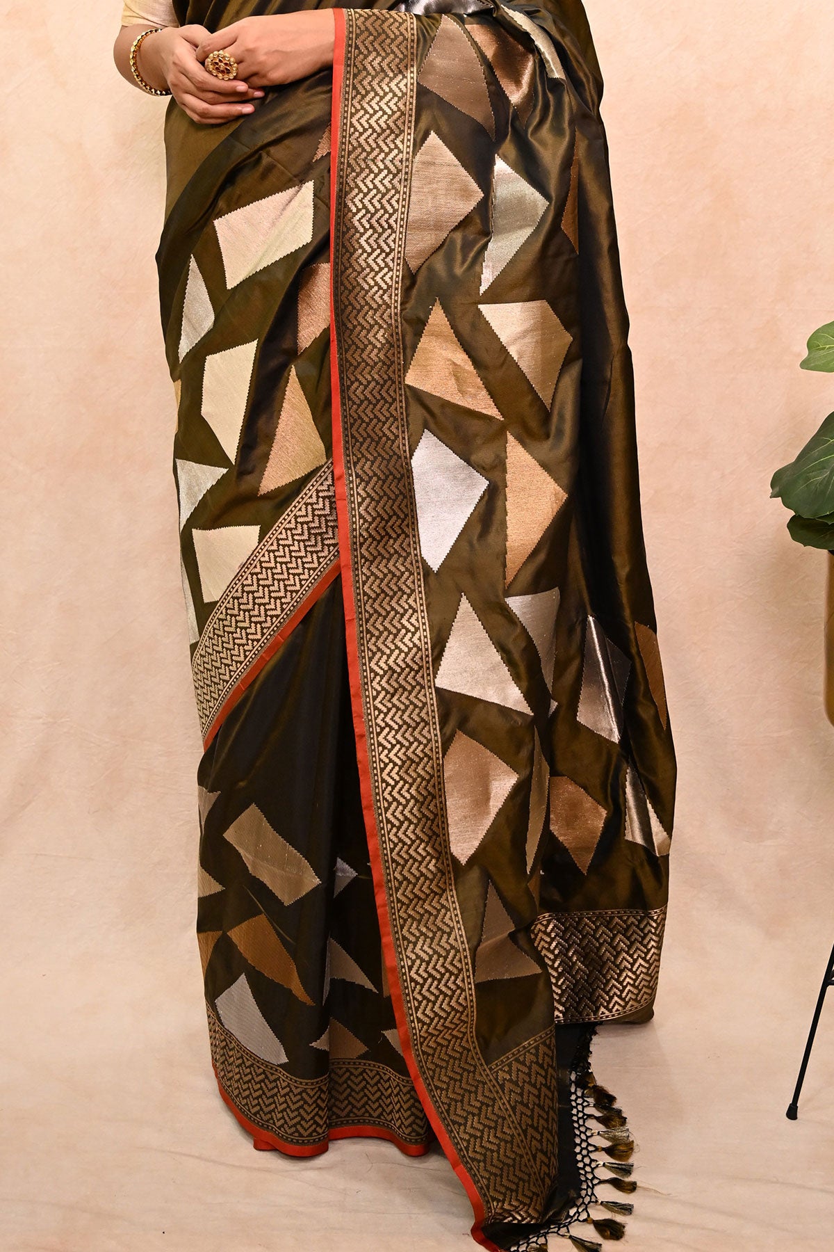 Designer Katan Silk Saree with Copper-Silver Zari Border
