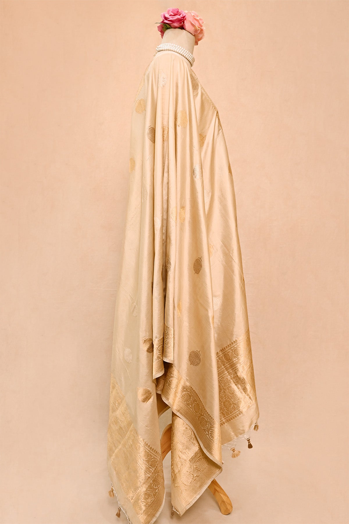 Beige Katan Silk Banarasi Dupatta with Banarasi Motifs
