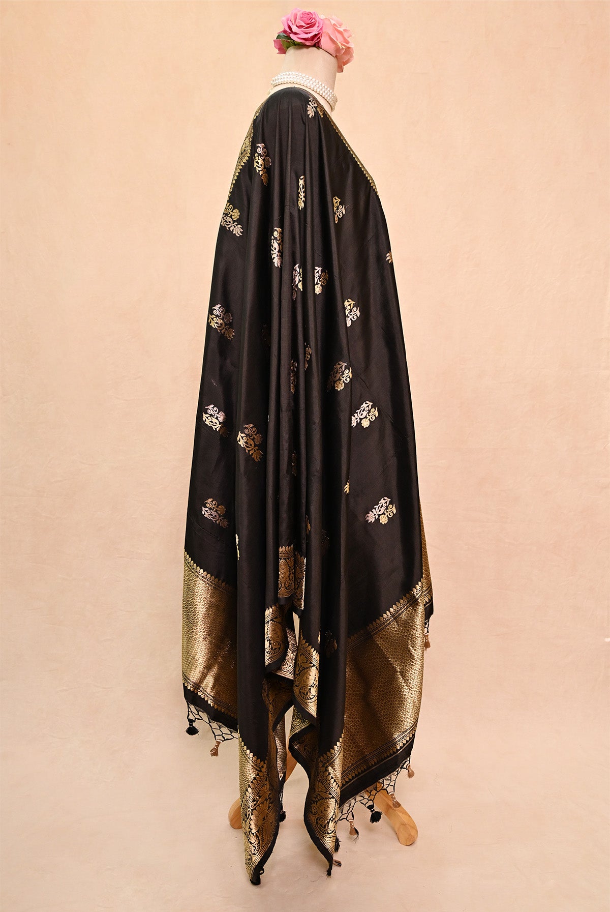 Black Katan Silk Banarasi Dupatta with Double Zari Butta