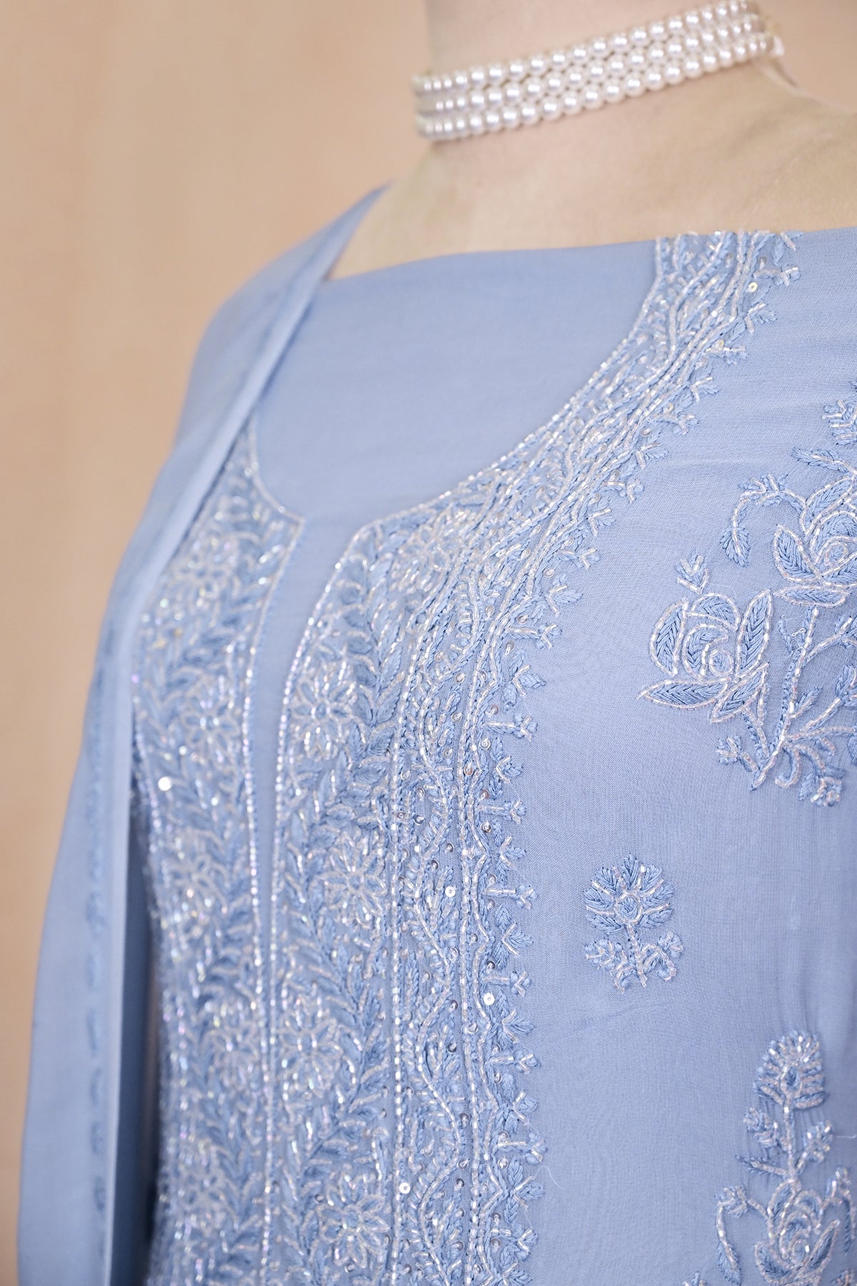 Blue Gray Viscose Georgette Chikankari Suit