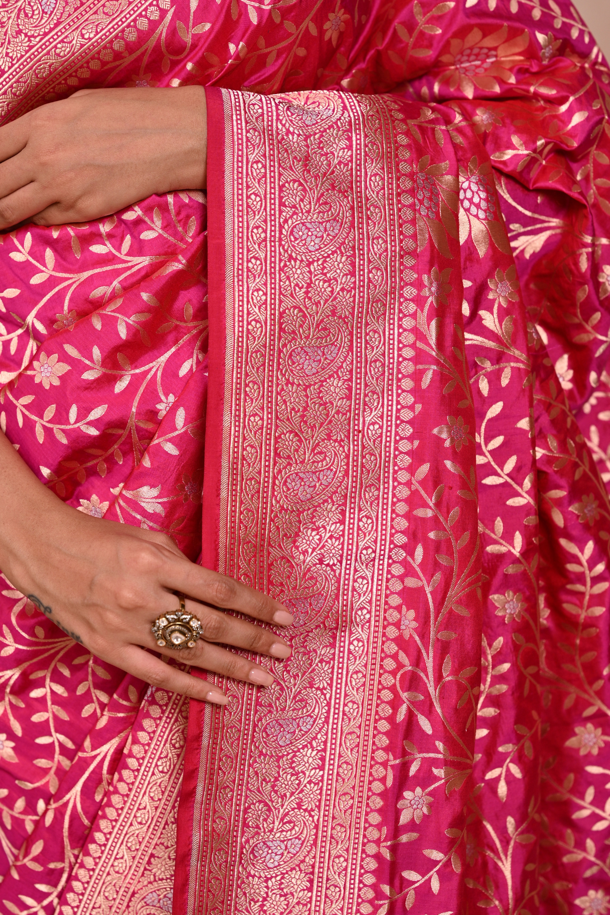 Hot Pink Katan Silk Rupa Sona Banarasi saree