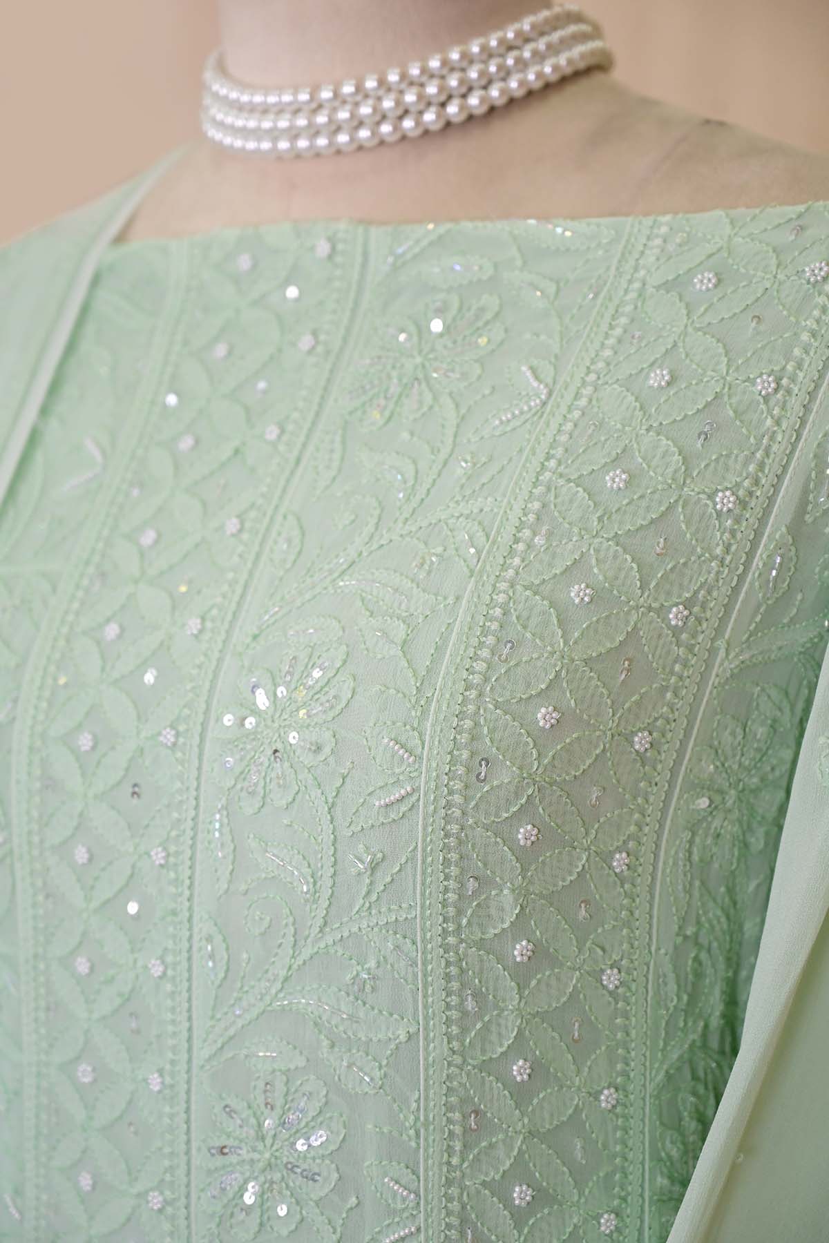 Light Sea Green Viscose Georgette Chikankari Anarkali