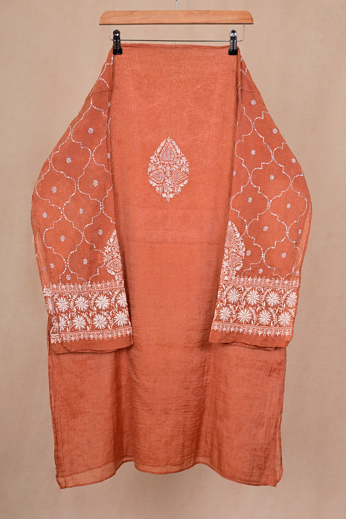 Rust Orange Tissue Chanderi Chikankari Co-ord Set