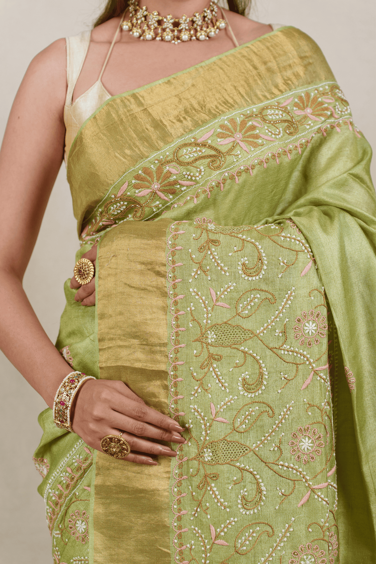 Grass Green Moonga Tussar Chikankari Saree