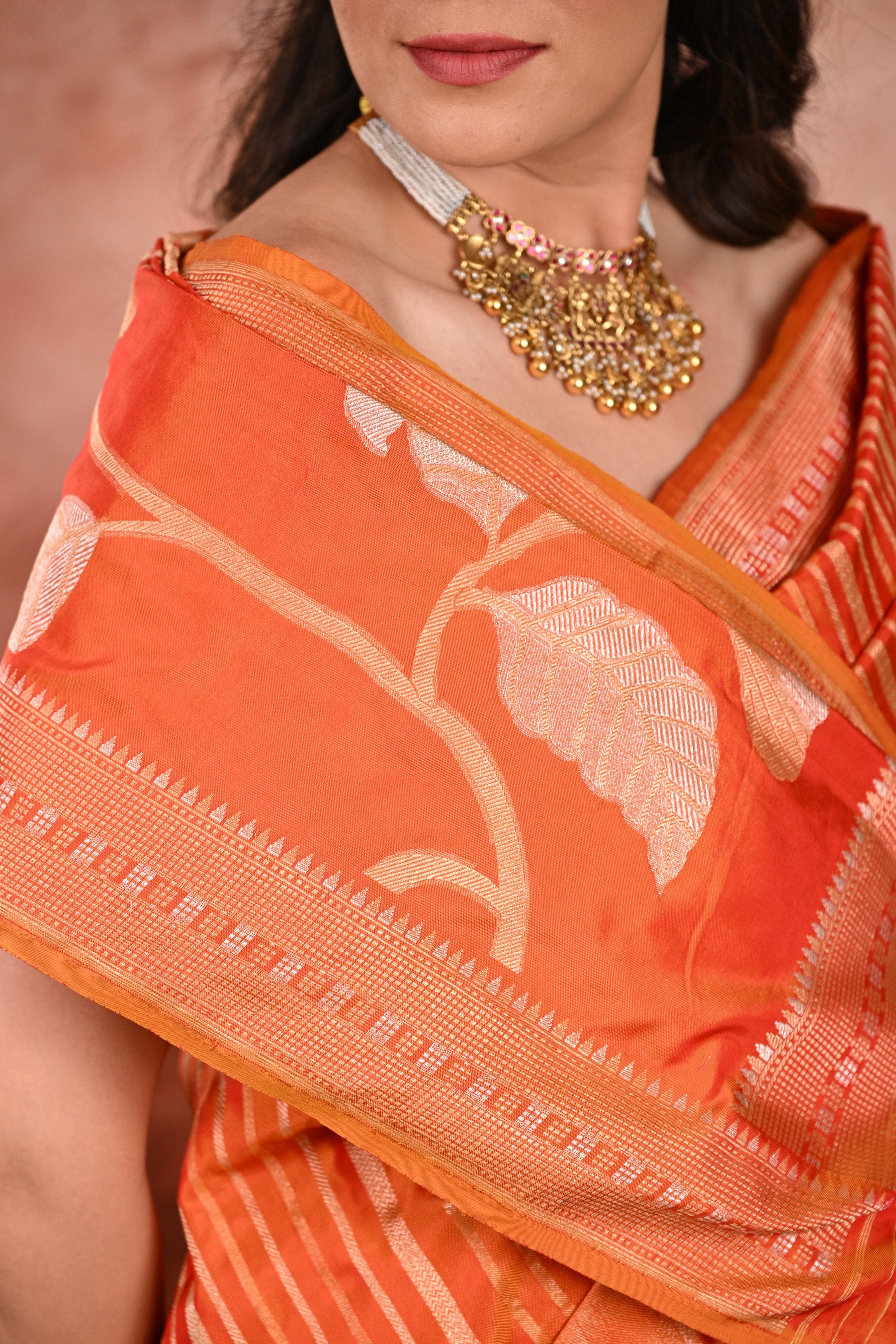 Burnt Orange Katan Silk Banarasi Saree