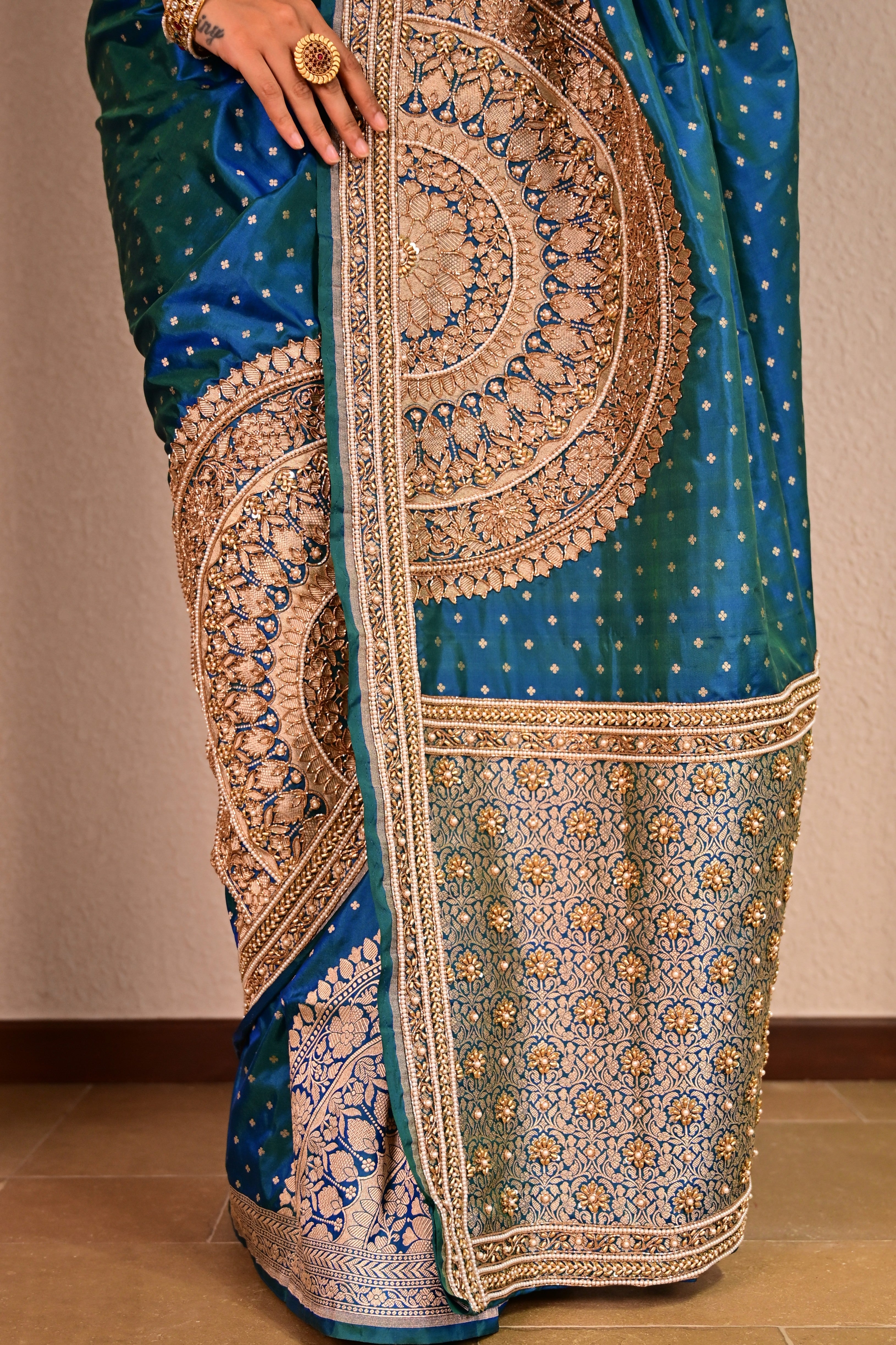 Peacock Blue Katan Silk Handcrafted Saree