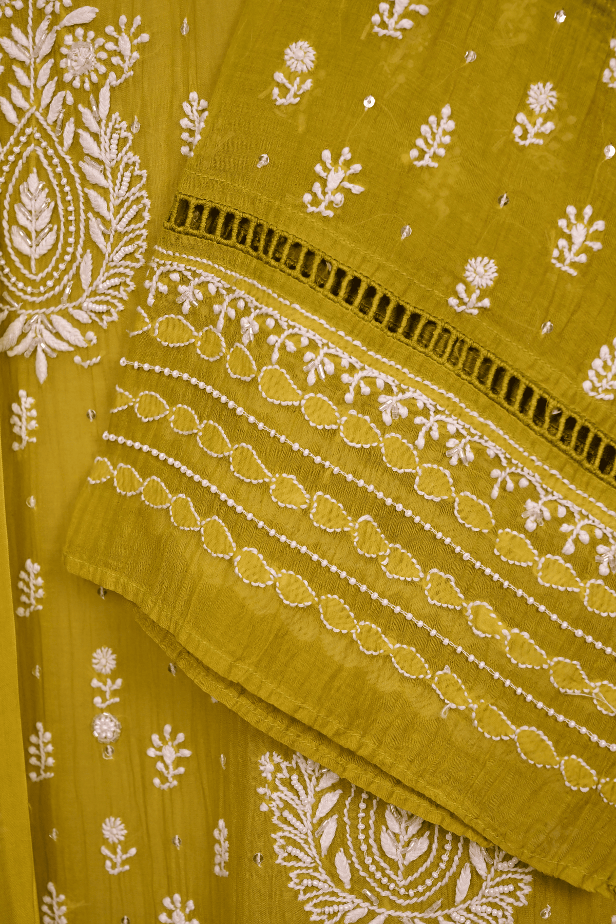Parrot Green Mul Chanderi Chikankari Suit