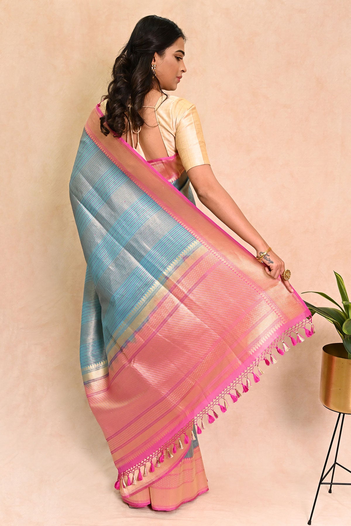 Blue Katan Tissue Banarasi Silk Saree