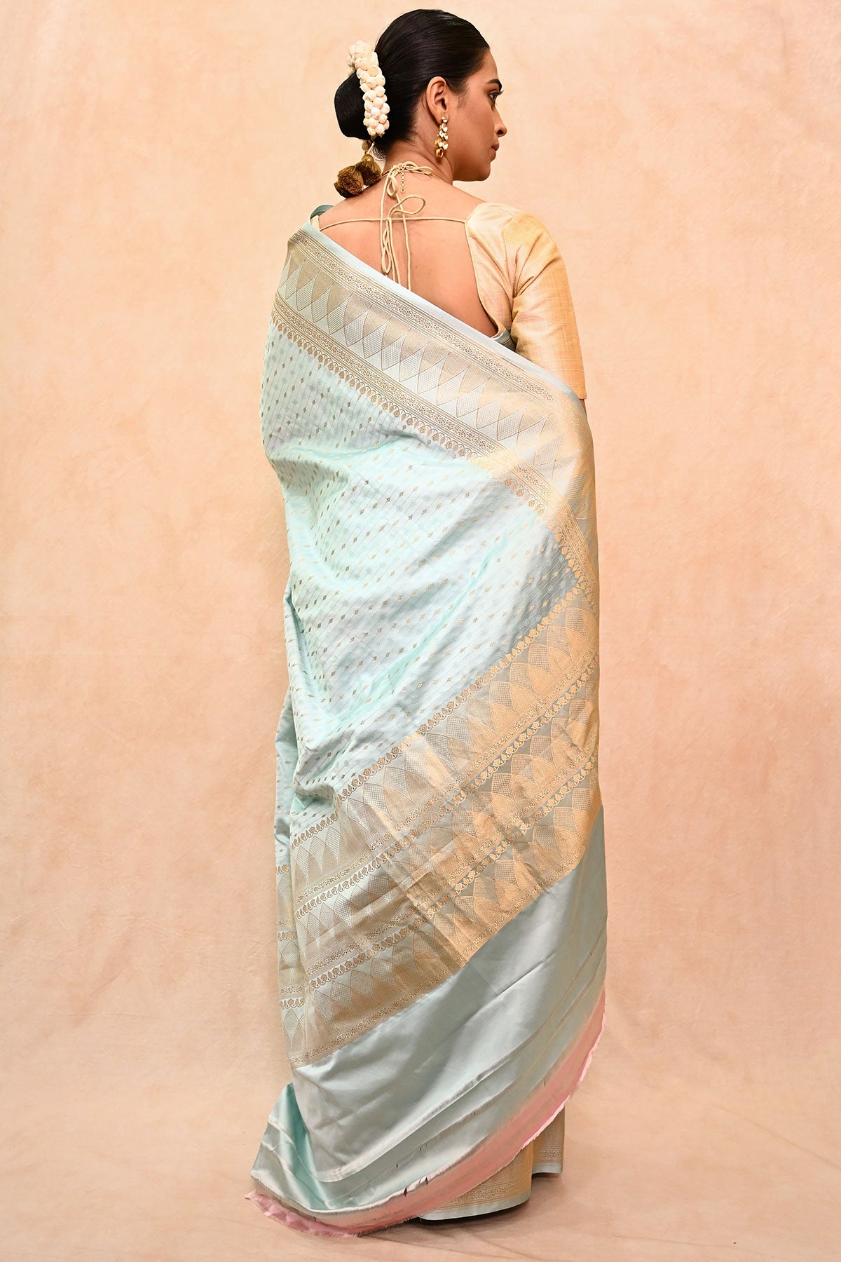 Handwoven Turquoise Blue Mushru Charmeuse Satin Saree with Zari & Resham Motifs
