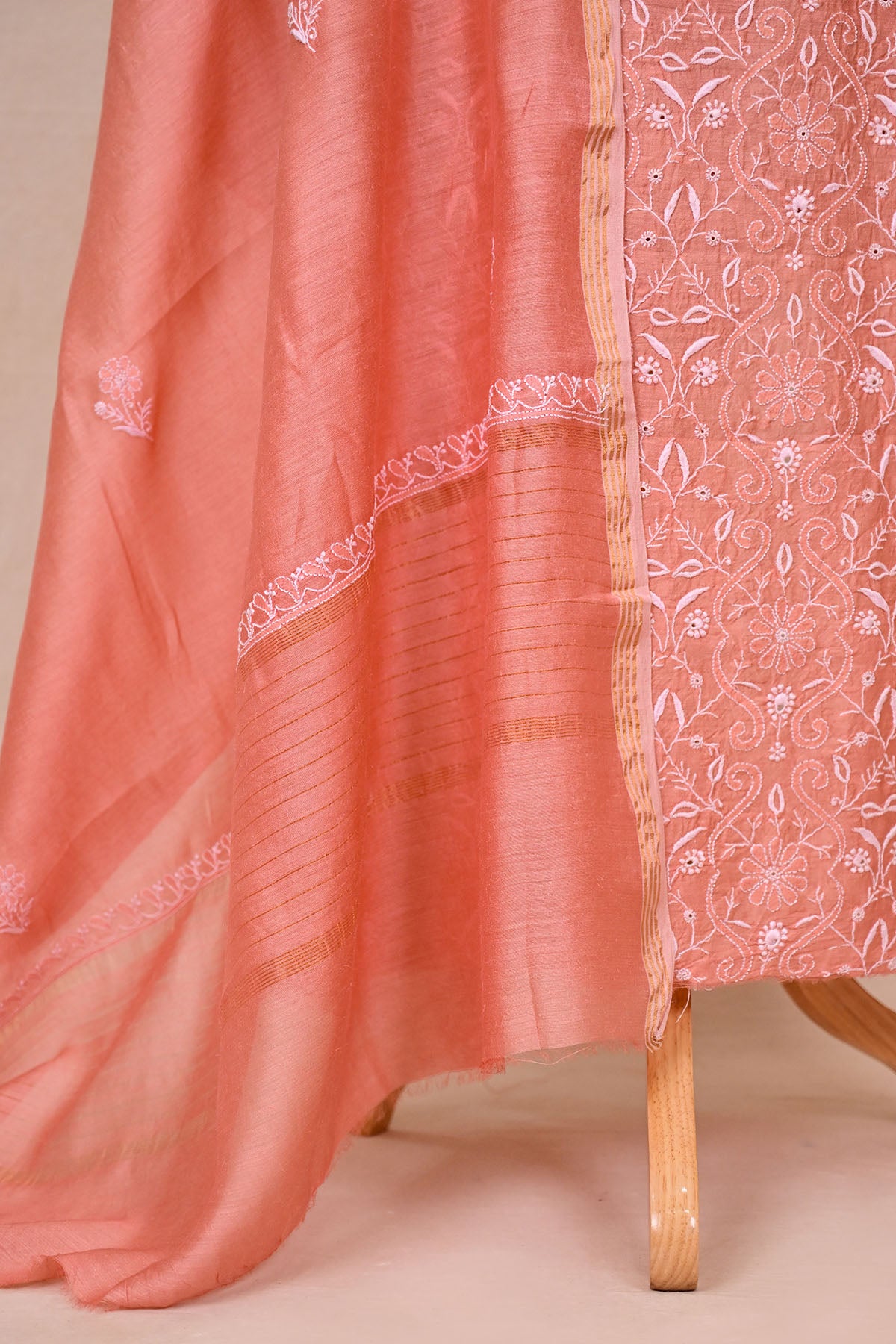 Coral Pink Moonga Silk Chikankari Suit