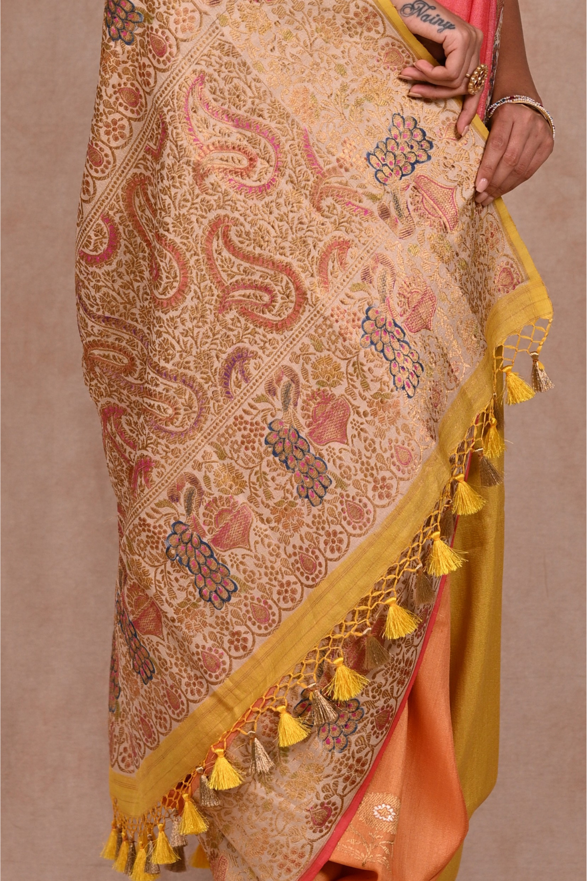 Tussar Georgette Banarasi Saree with Khaddi Nakshi & Gold Zari Peacock Motifs