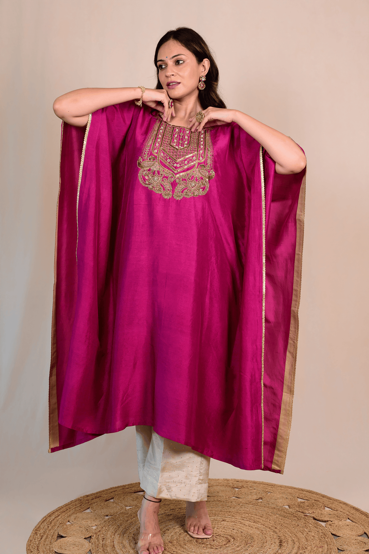 Dark Magenta Dupion Silk Zardozi Kaftan