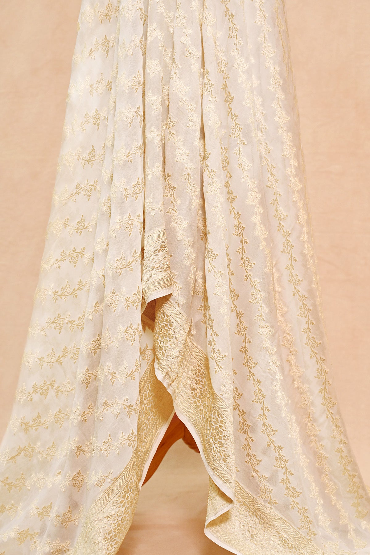Off White Khaddi Georgette Banarasi Dupatta with Floral Stripes