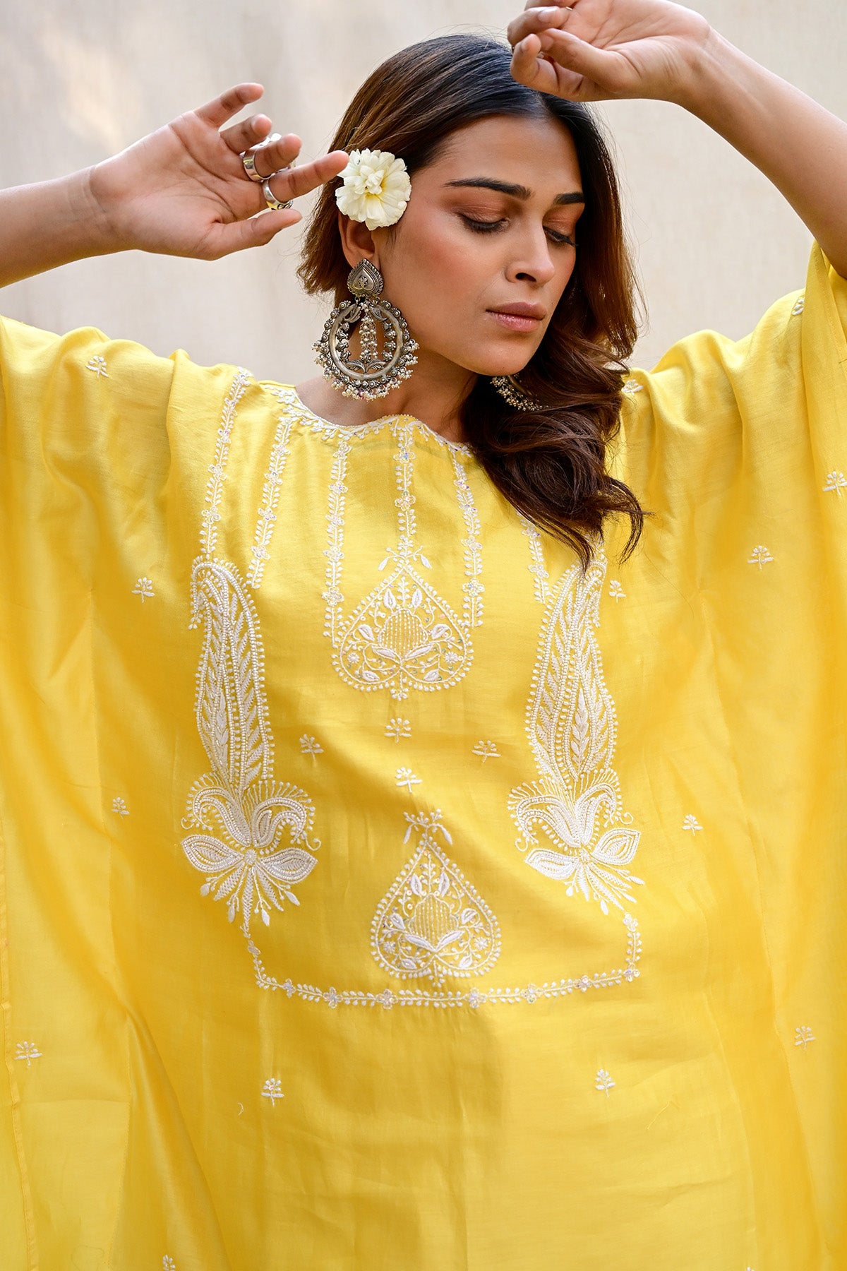 Lemon Yellow Chanderi Chikankari Kaftan