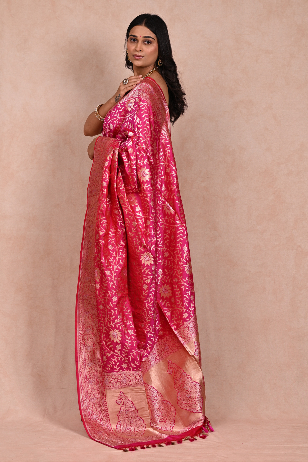Hot Pink Katan Silk Rupa Sona Banarasi saree