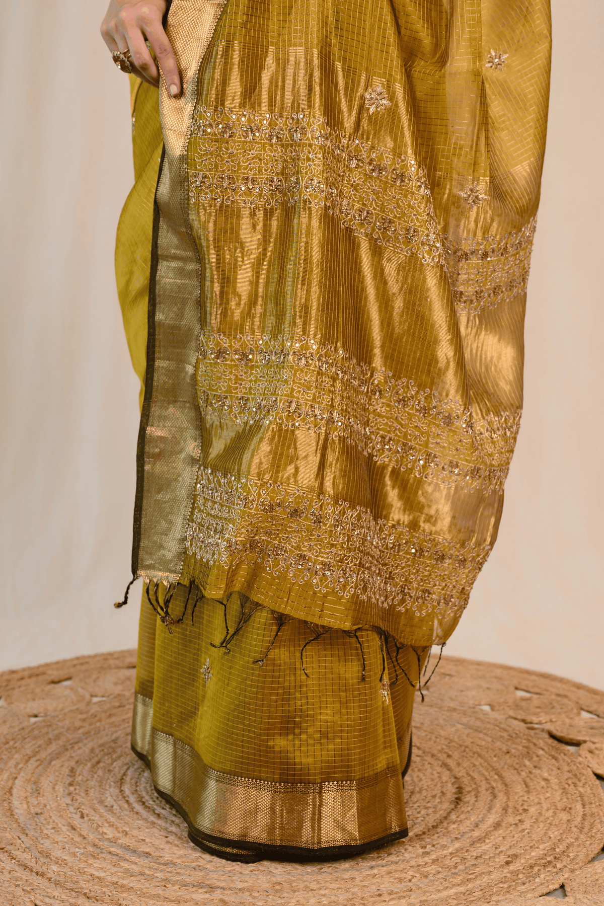 Warm Ochre Maheshwari Silk Zardozi Saree