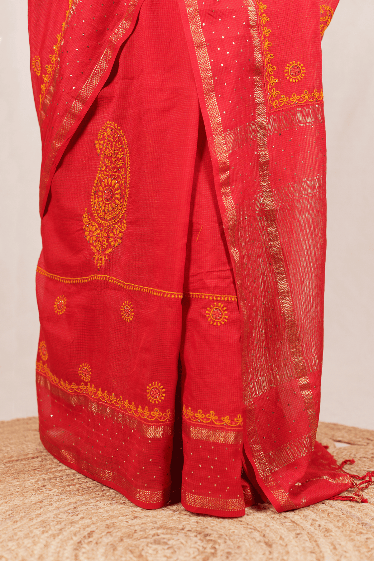 Vermilion Red Maheshwari Silk Chikankari Saree
