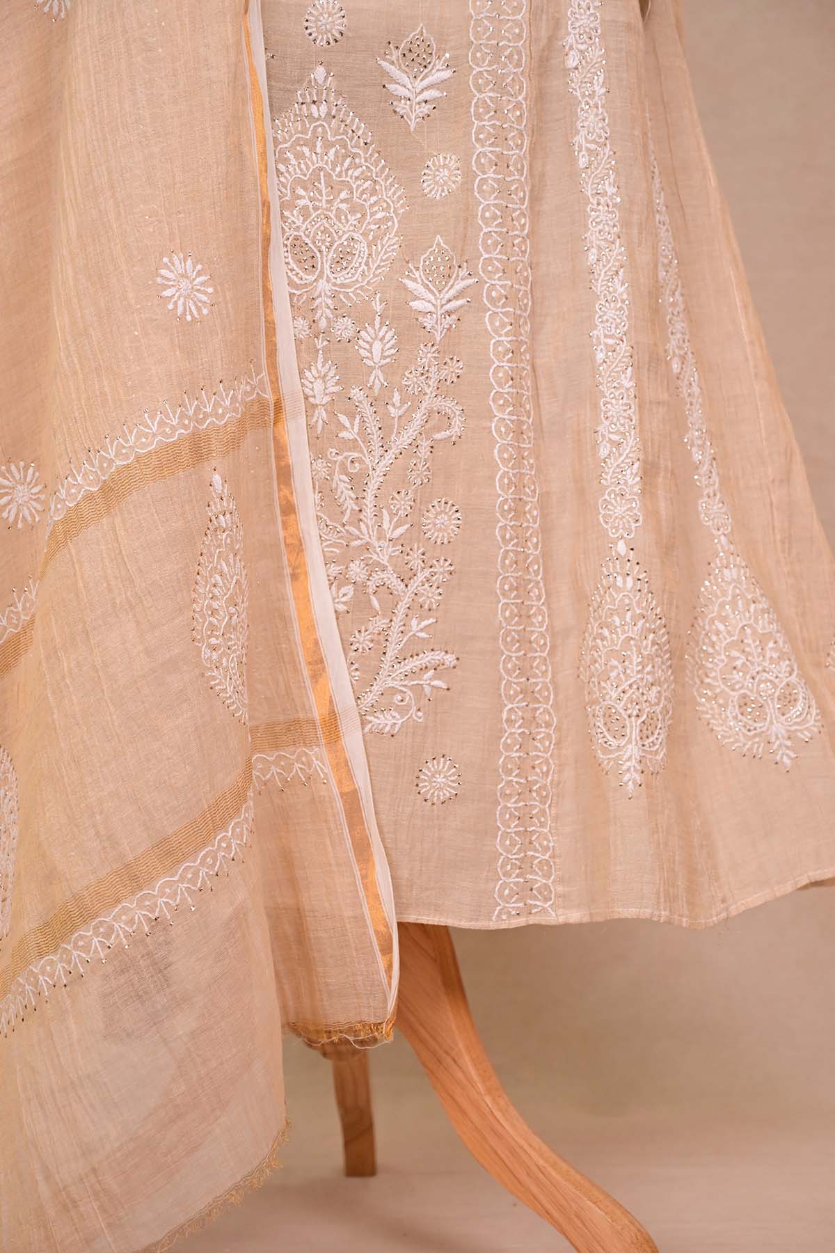 Beige Tissue Chanderi Chikankari Anarkali