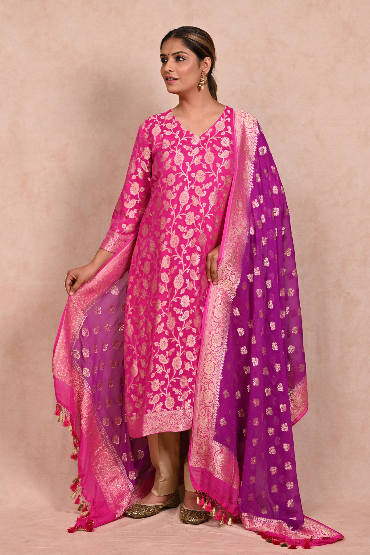 Hot Pink Banarasi khaddi Georgette Suit