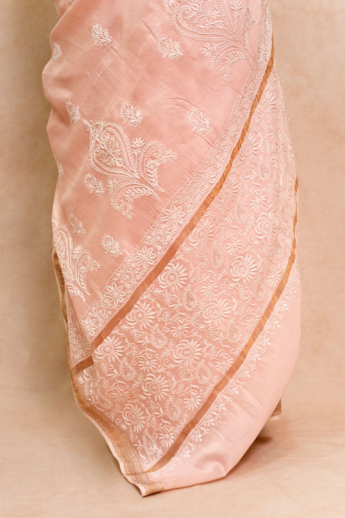 Light Peach Chanderi Chikankari Saree with Zari Border