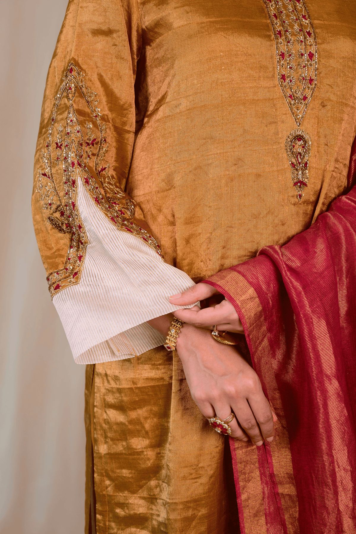 Yellow Ochre Tissue Silk Zardozi Suit