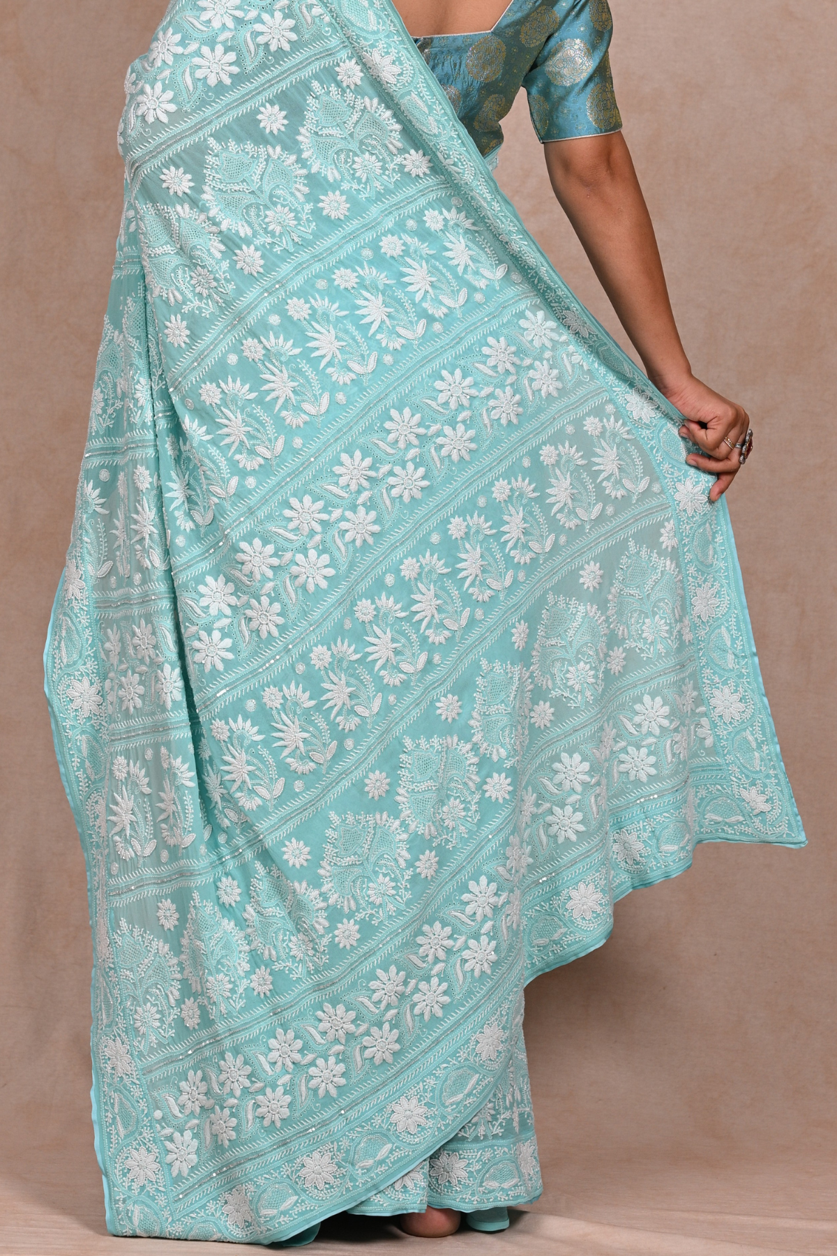 Sea Blue Georgette Chikankari saree