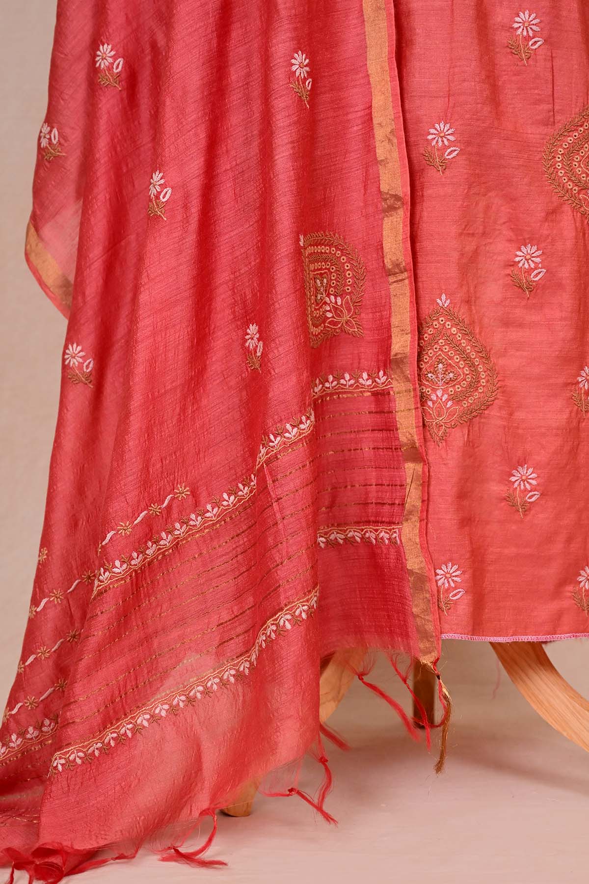 Coral Red Moonga Silk Chikankari Suit