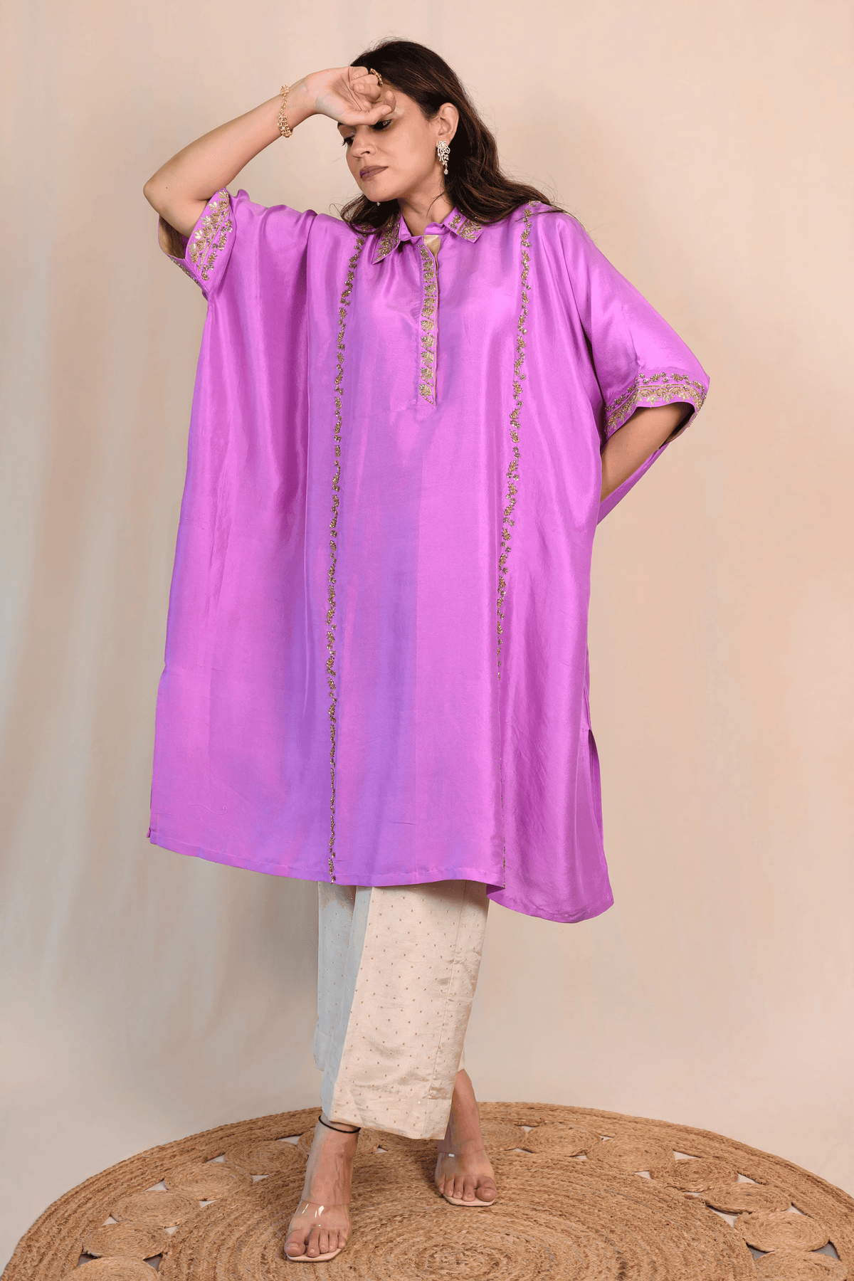 Lilac Dupion Silk Zardozi Kaftan