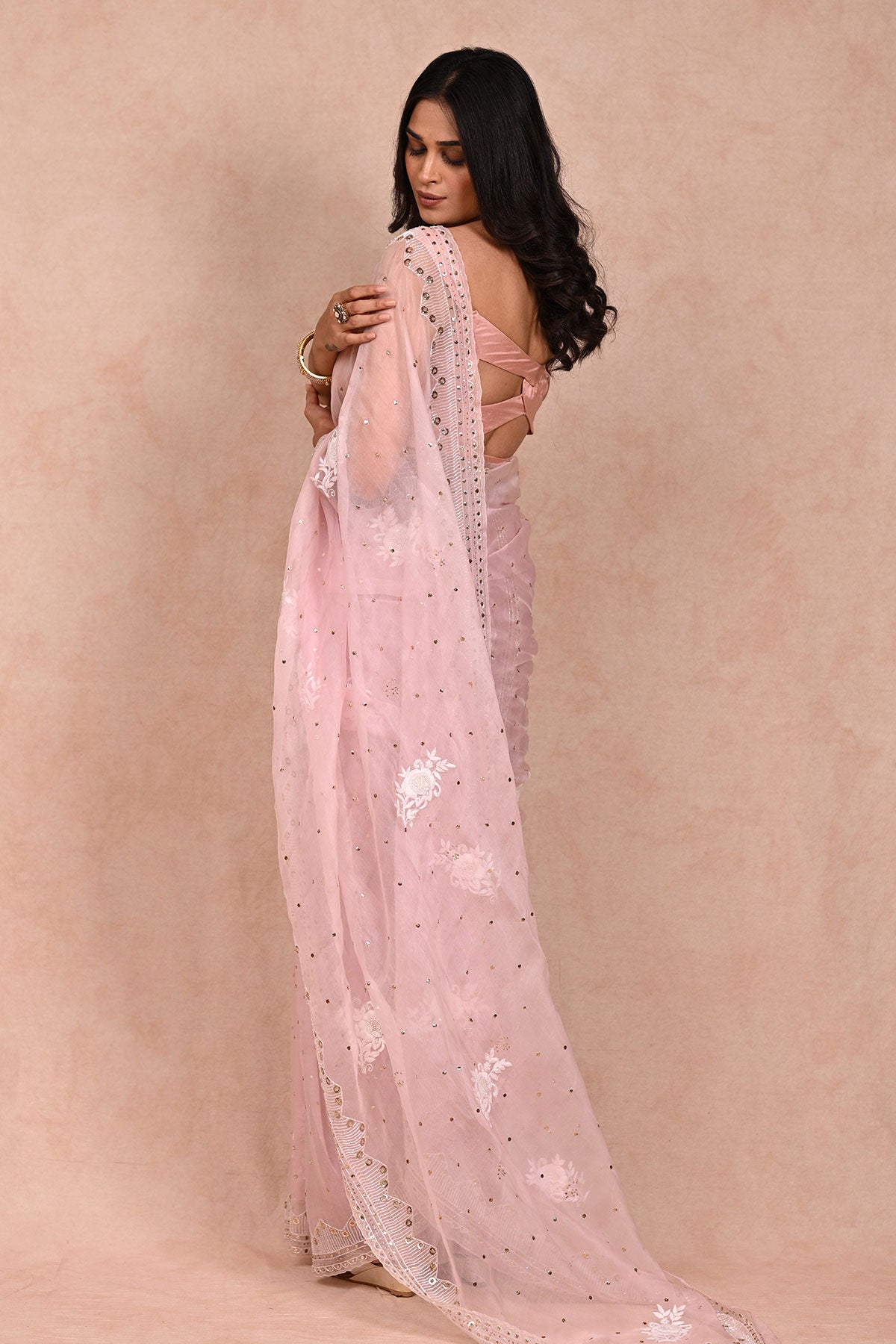 Pink Organza Chikankari saree