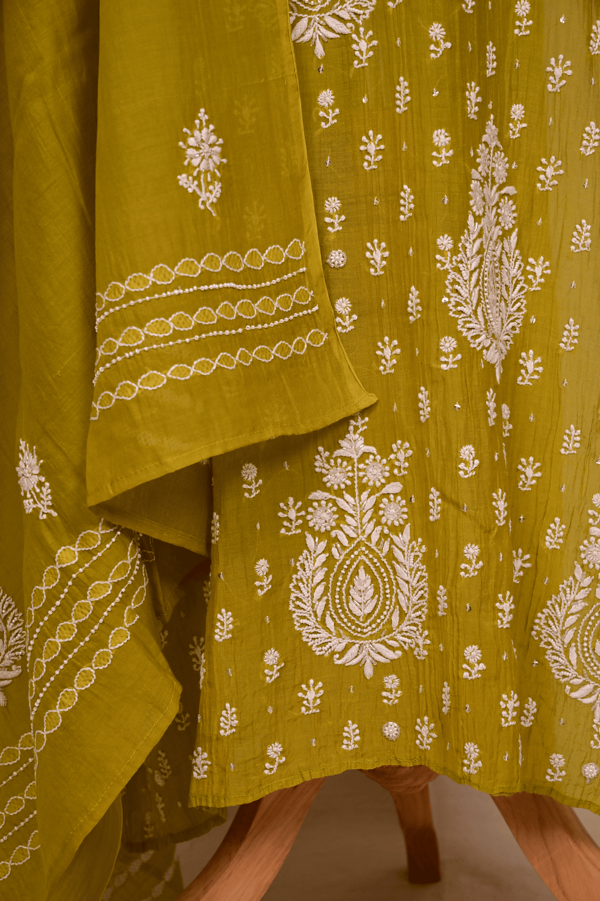 Parrot Green Mul Chanderi Chikankari Suit