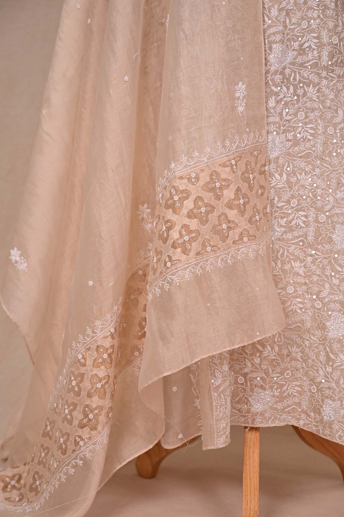Beige Tissue Chanderi Chikankari Anarkali
