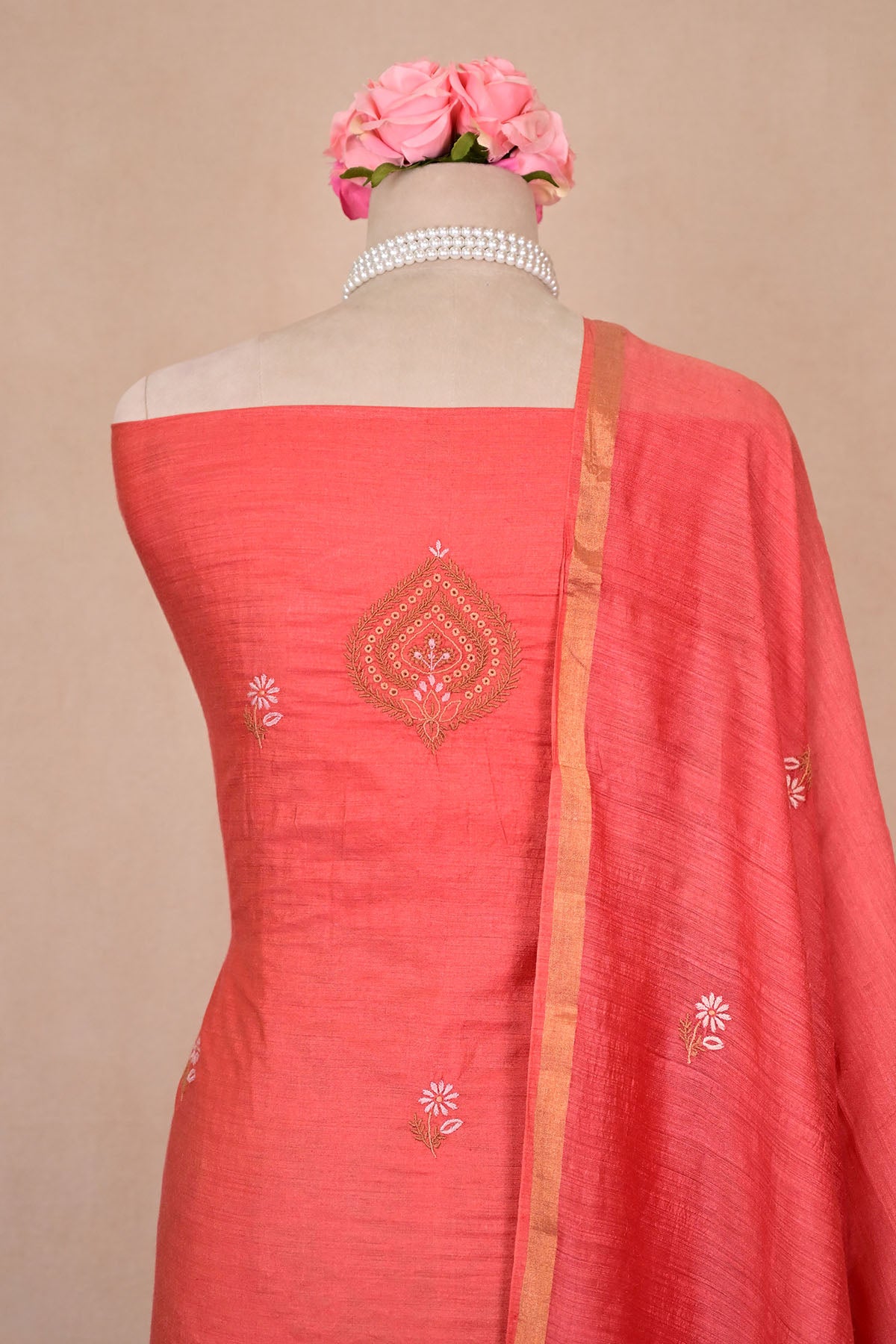 Coral Red Moonga Silk Chikankari Suit