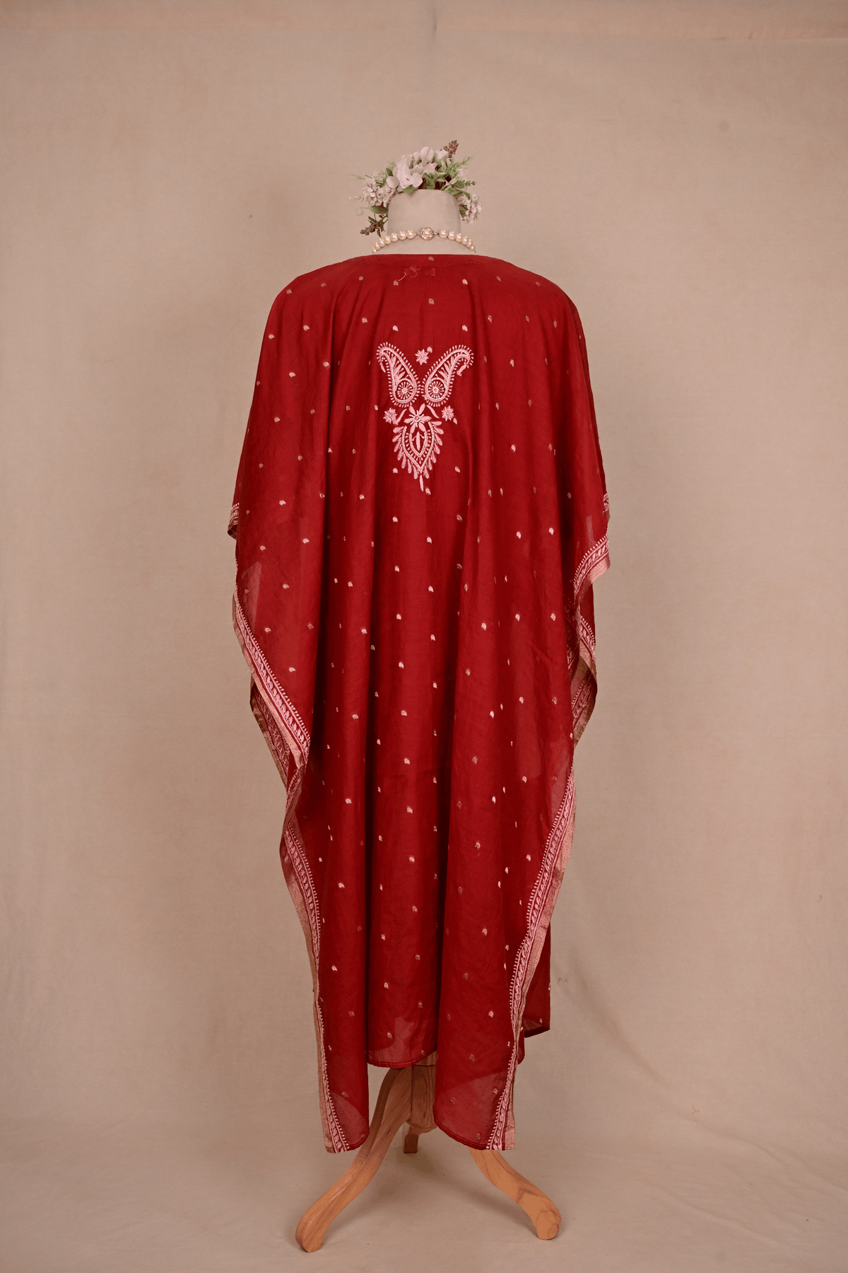 Brick Red Banarasi Chanderi Chikankari Kaftan