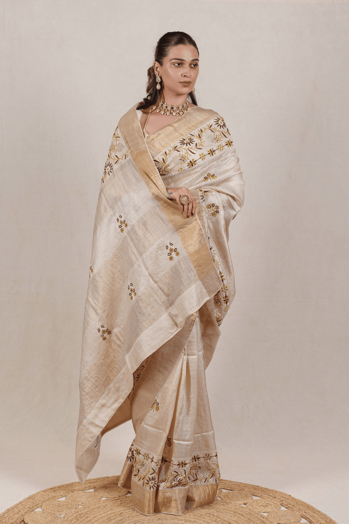 Beige Moonga Tussar Chikankari Saree