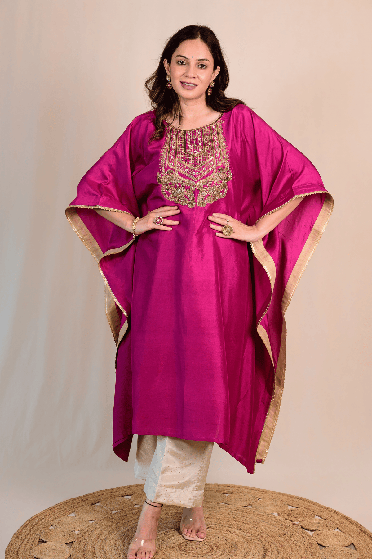 Dark Magenta Dupion Silk Zardozi Kaftan