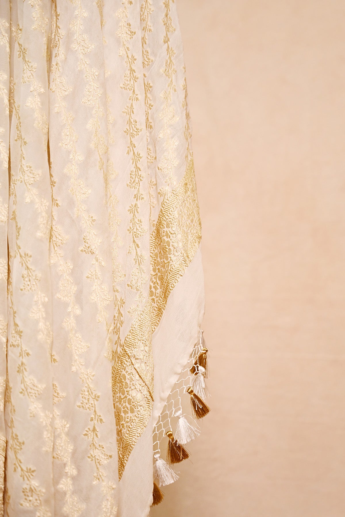 Off White Khaddi Georgette Banarasi Dupatta with Floral Stripes