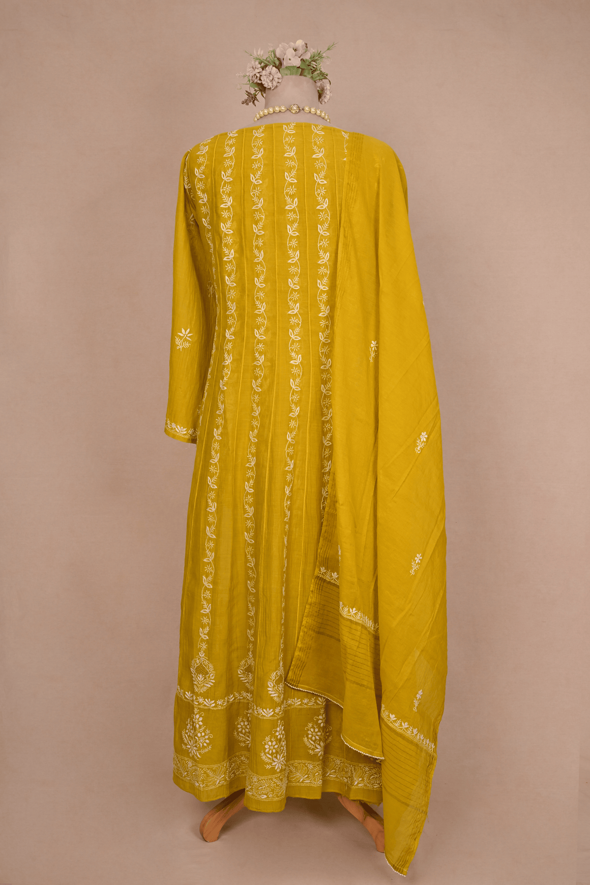 Olive Yellow Mul Chanderi Chikankari Anarkali