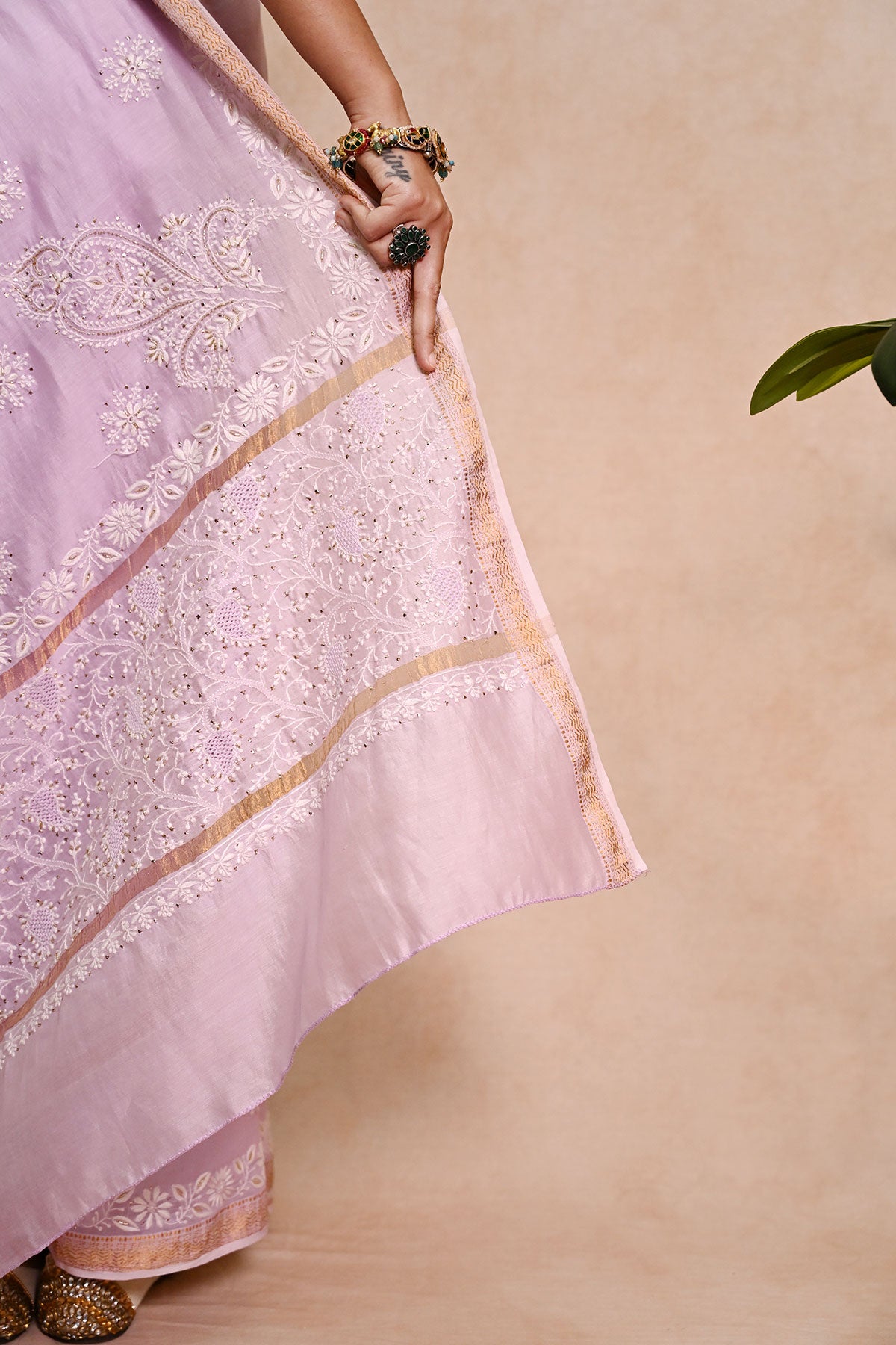 Lavender Chanderi Chikankari Saree with Zari Border