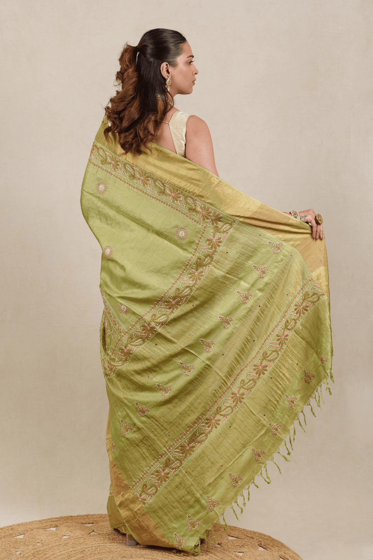 Grass Green Moonga Tussar Chikankari Saree
