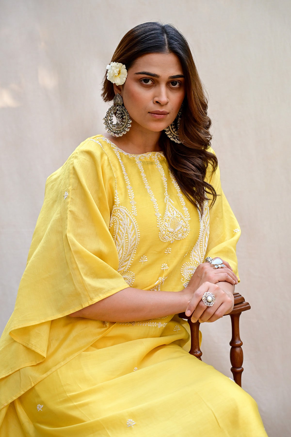 Lemon Yellow Chanderi Chikankari Kaftan