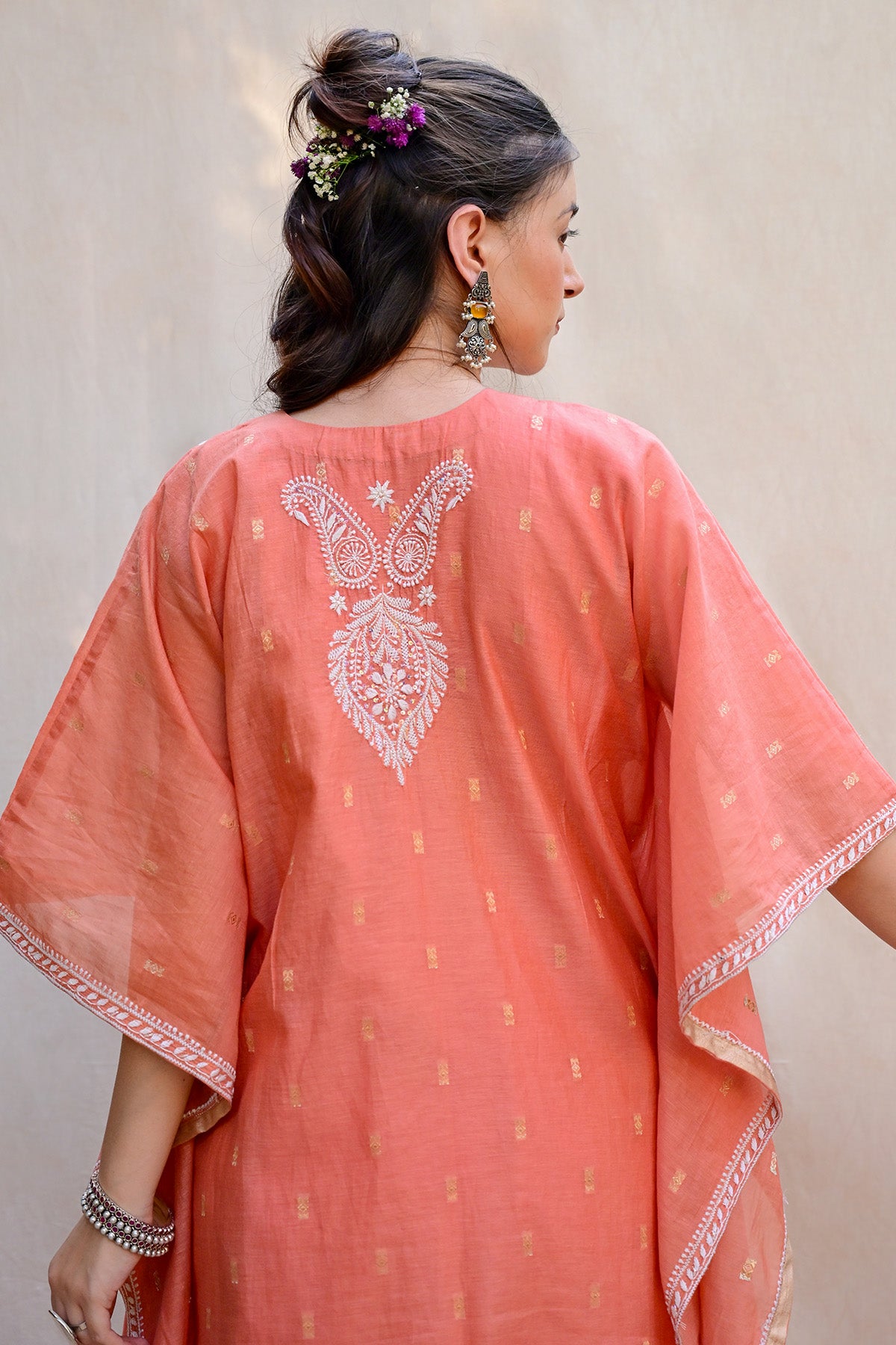 Peach Orange Banarasi Chanderi Chikankari Kaftan